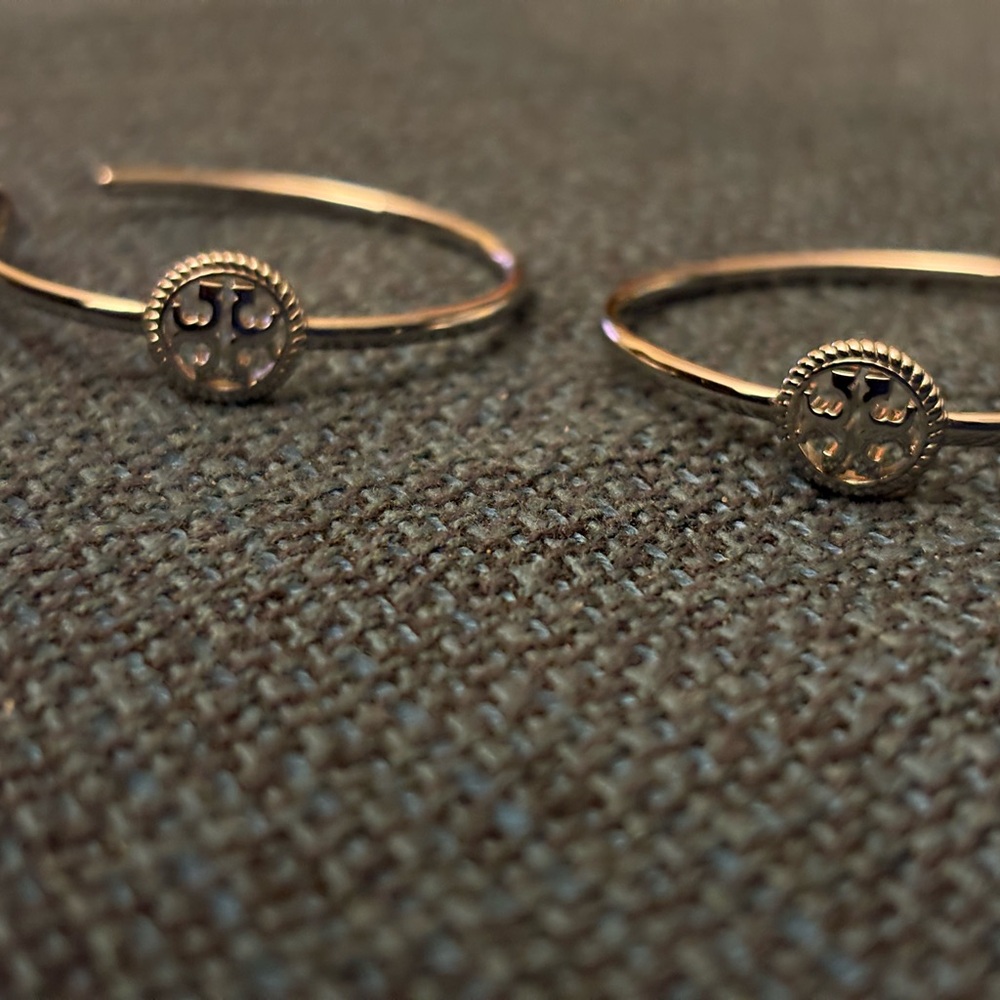 Tory Burch Silver Logo Medium Hoops Earrings